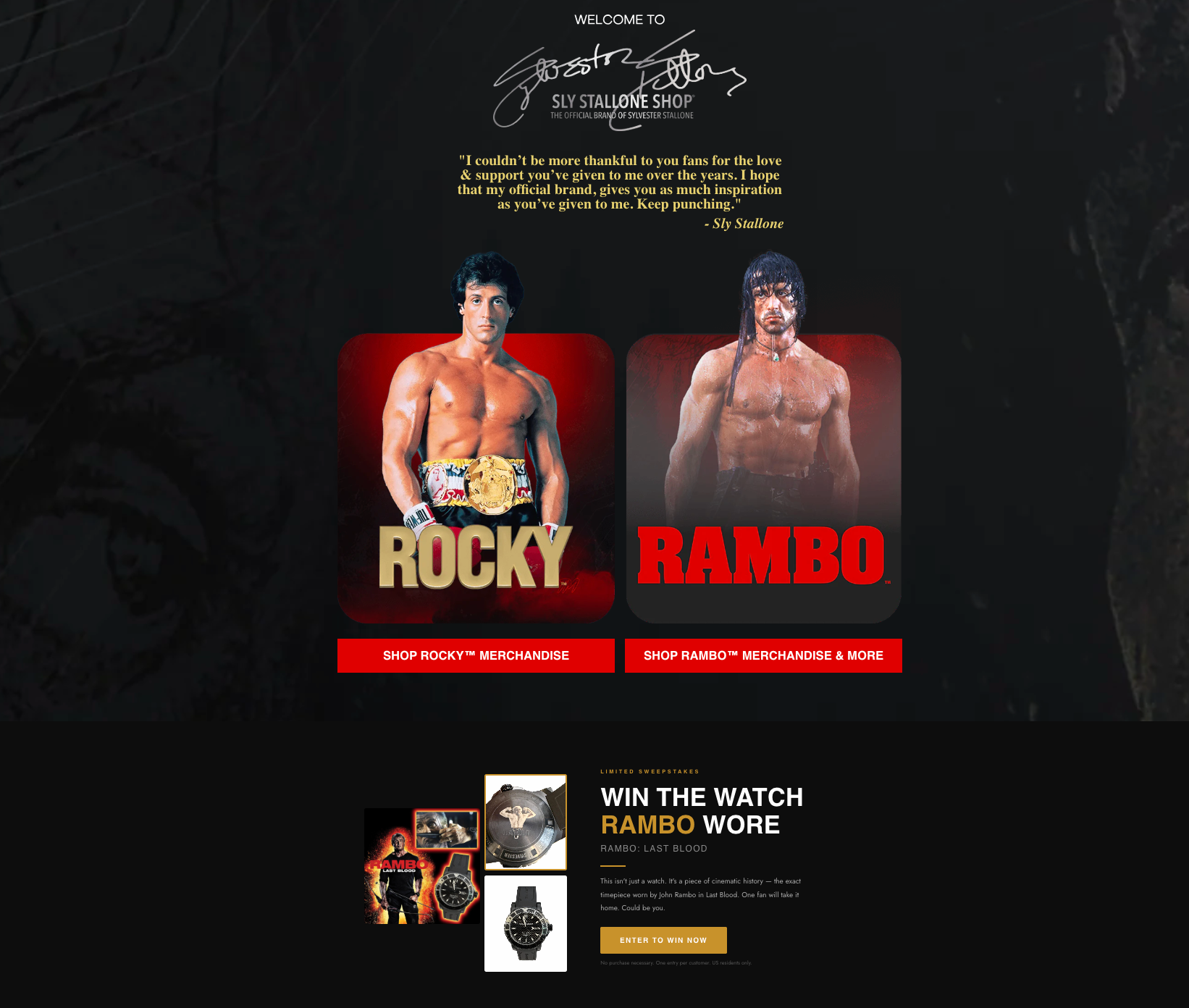 Promotional graphic for Rocky and Rambo featuring Sylvester Stallone on a dark background.